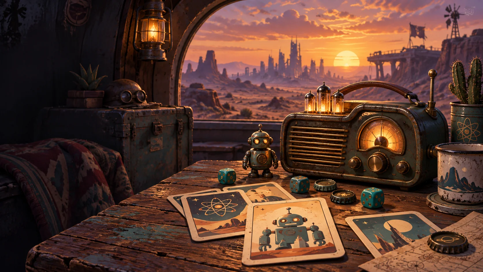 Ретрофутуристический игровой стол на фоне заката в пустоши